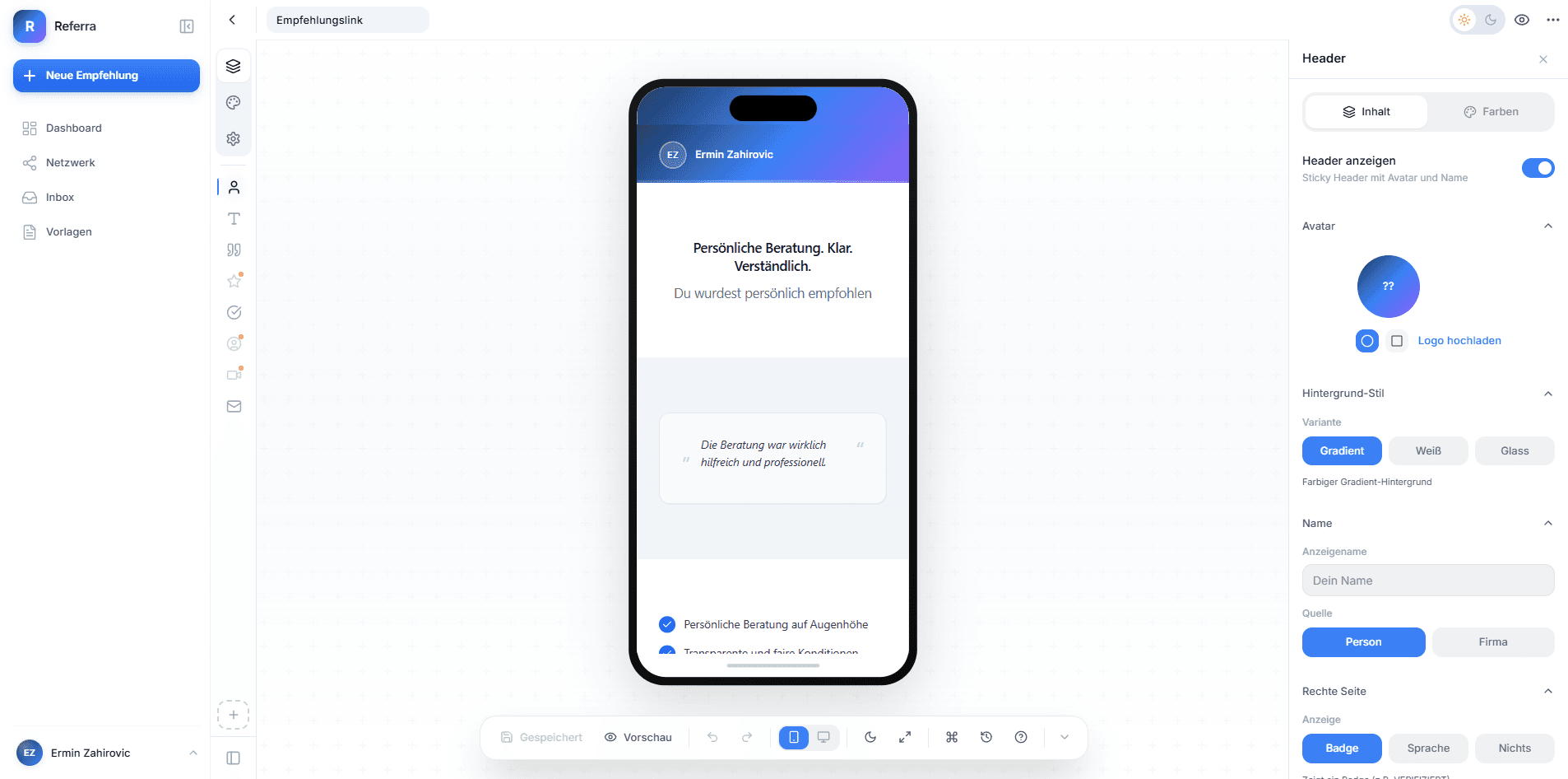 Funnel editor with a live preview on the phone