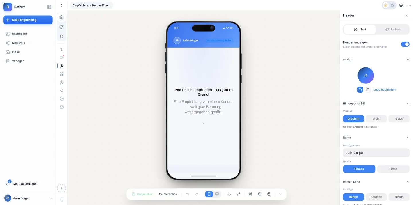 Referra funnel editor with a live preview of the referral page on a phone